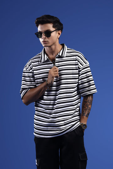 NOIR STRIPE OVERSIZED POLO T-SHIRT