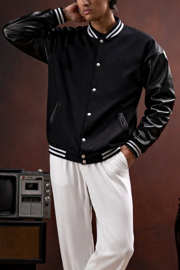 BLACK 2.0 FAUX LEATHER SLEEVES VARSITY JACKET