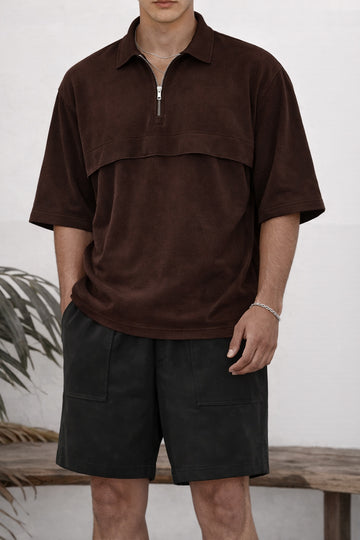 APEX BROWN UTILITY ZIPPER POLO T-SHIRT