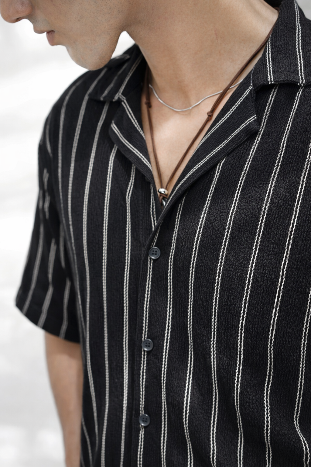 NOIR STRIPE CUBAN COLLAR OVERSIZED SHIRT