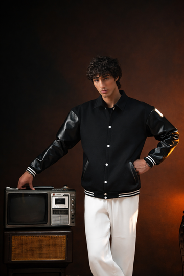 BLACK FAUX LEATHER SLEEVES VARSITY JACKET