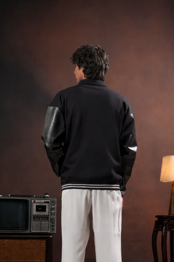 BLACK FAUX LEATHER SLEEVES VARSITY JACKET