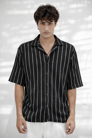 NOIR STRIPE CUBAN COLLAR OVERSIZED SHIRT