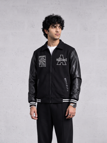 EVOLVE FAUX LEATHER SLEEVES ZIPPER VARSITY JACKET