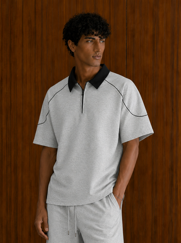 GRAY PIPING ZIPPER POLO