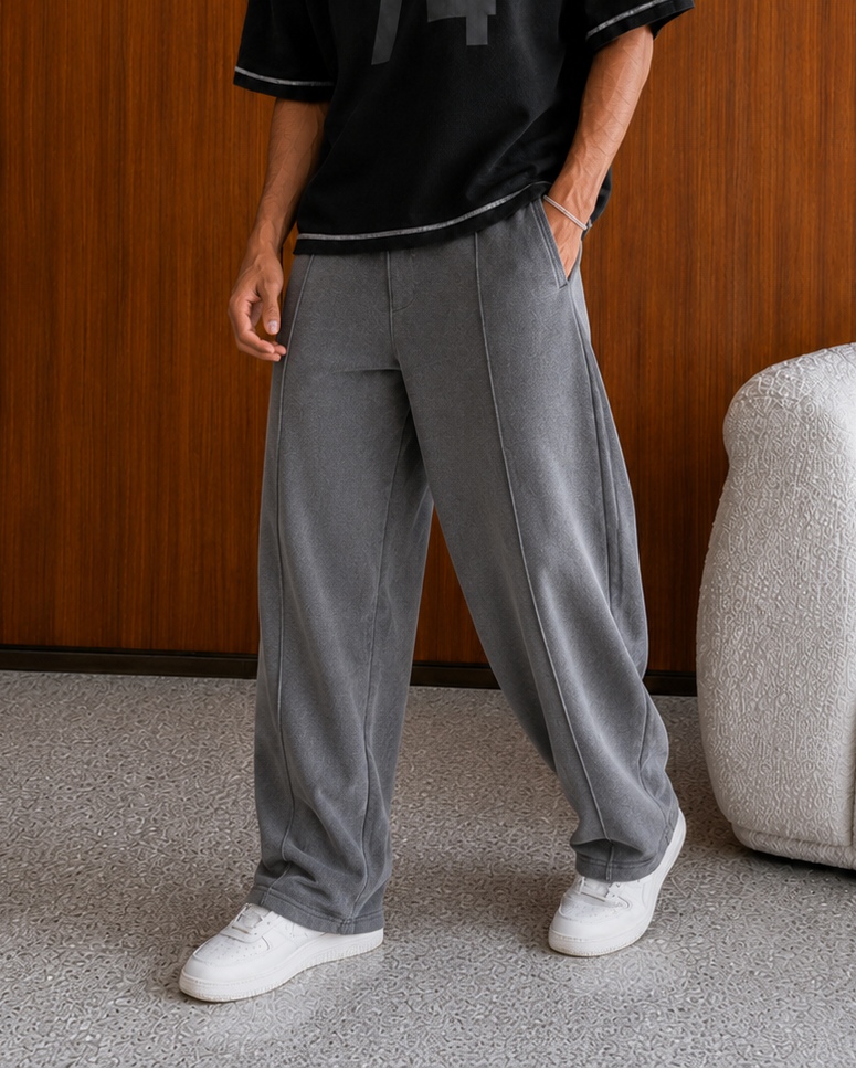 GRAY ESSENTIAL WIDE-LEG PLEATED SWEATPANT