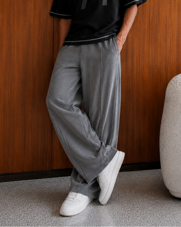 GRAY ESSENTIAL WIDE-LEG PLEATED SWEATPANT