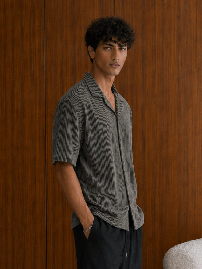 GREY STRIPED CUBAN OVERSIZED SHIRT