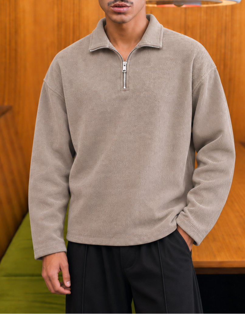 BEIGE RIBBED QUARTER-ZIP SWEATER