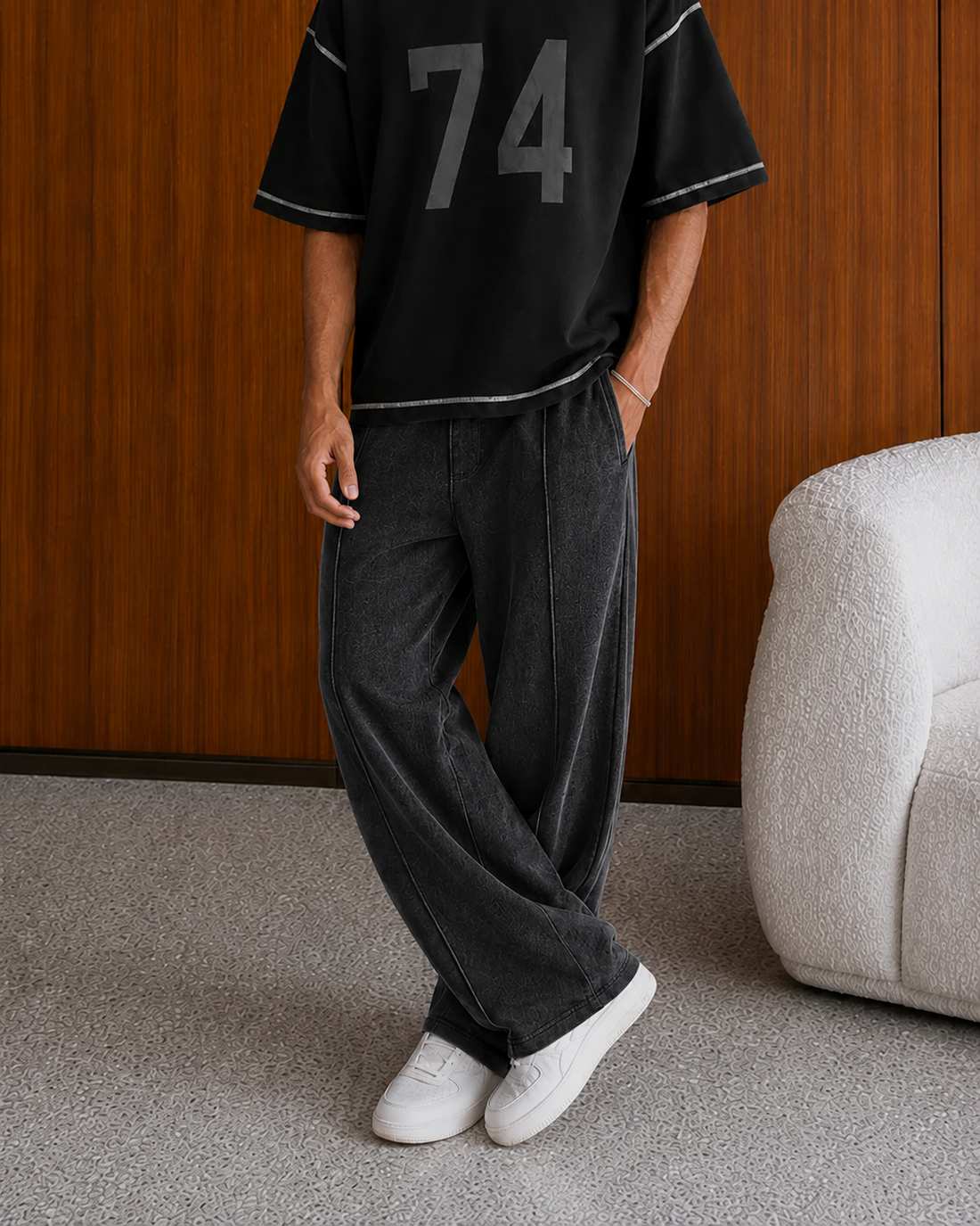 WASHED ESSENTIAL WIDE-LEG PLEATED SWEATPANT