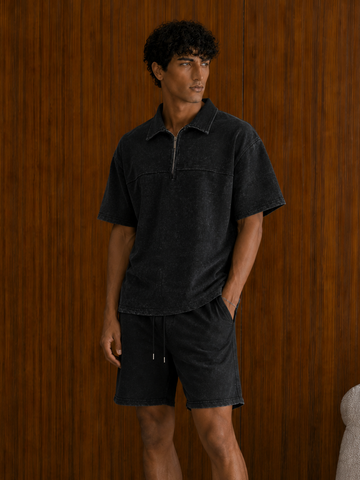 BLACK ESSENTIAL WASHED ZIPPER POLO