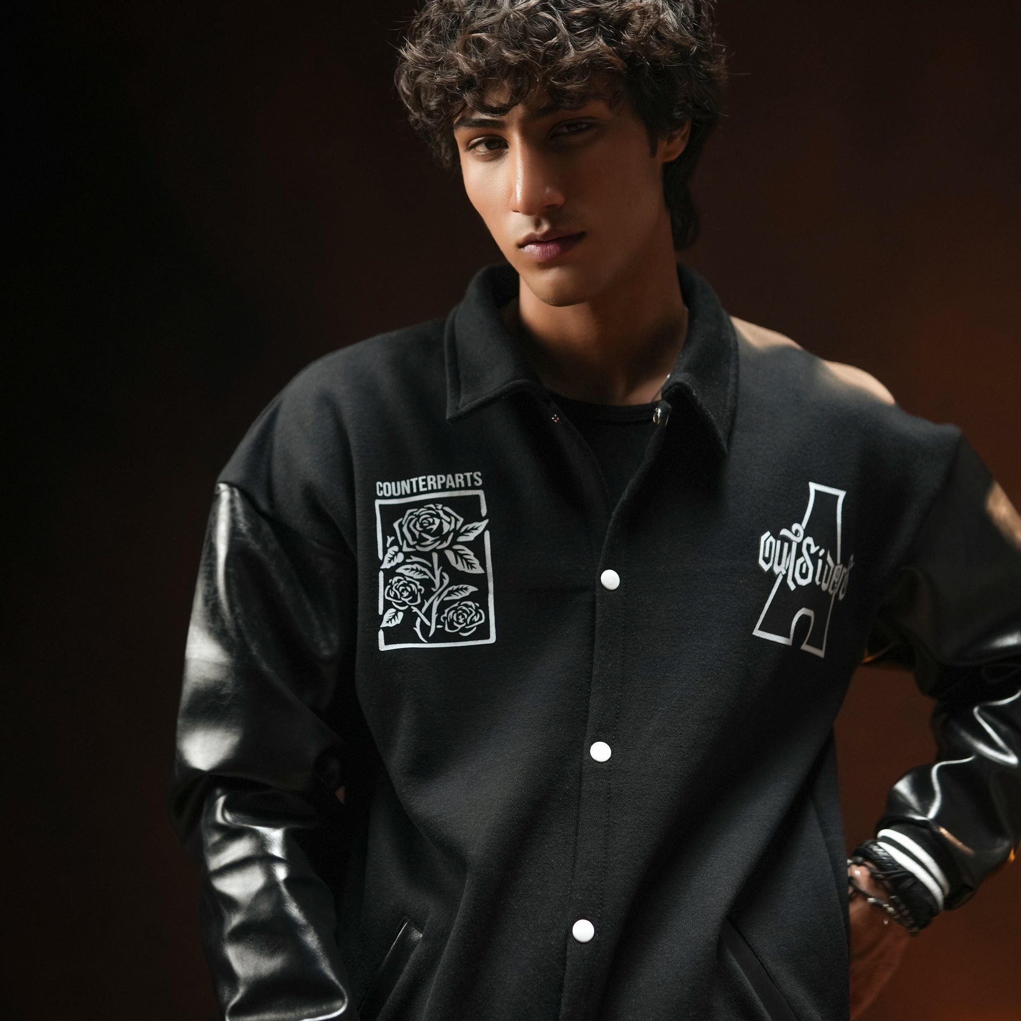 EVOLVE FAUX LEATHER SLEEVES VARSITY JACKET