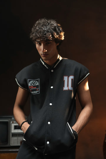 REBEL CODE SLEEVELESS VARSITY JACKET
