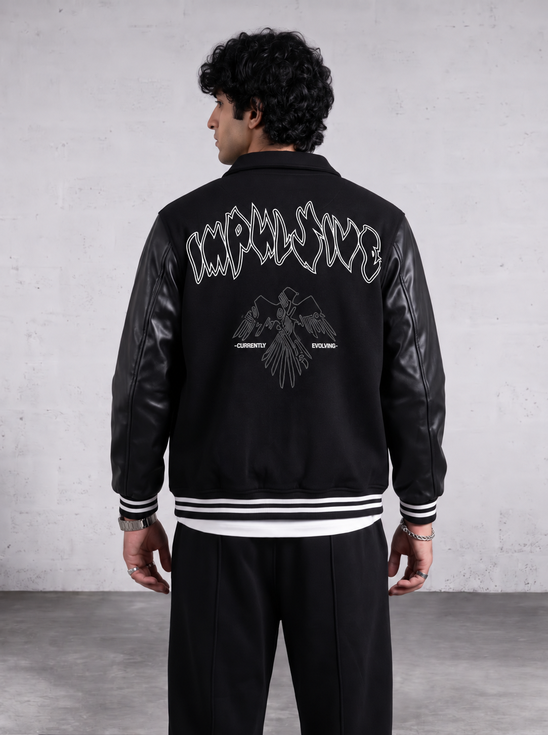 EVOLVE FAUX LEATHER SLEEVES ZIPPER VARSITY JACKET
