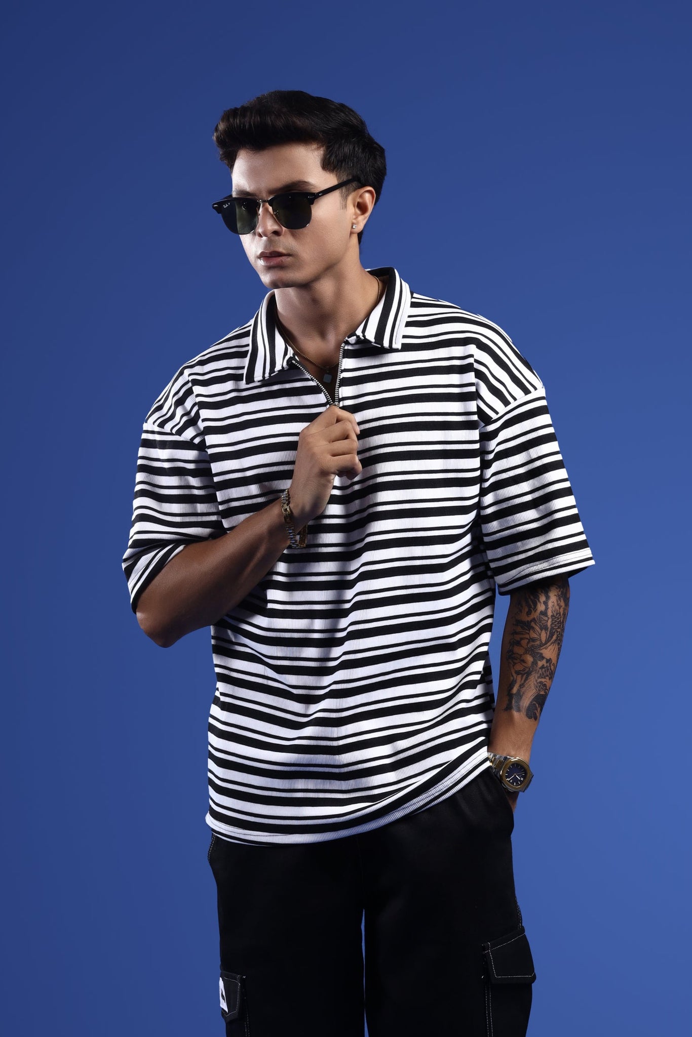 NOIR STRIPE OVERSIZED POLO T-SHIRT