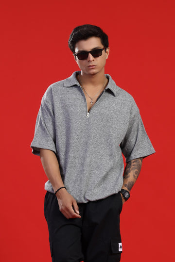 GRAY ZIPPER POLO T-SHIRT