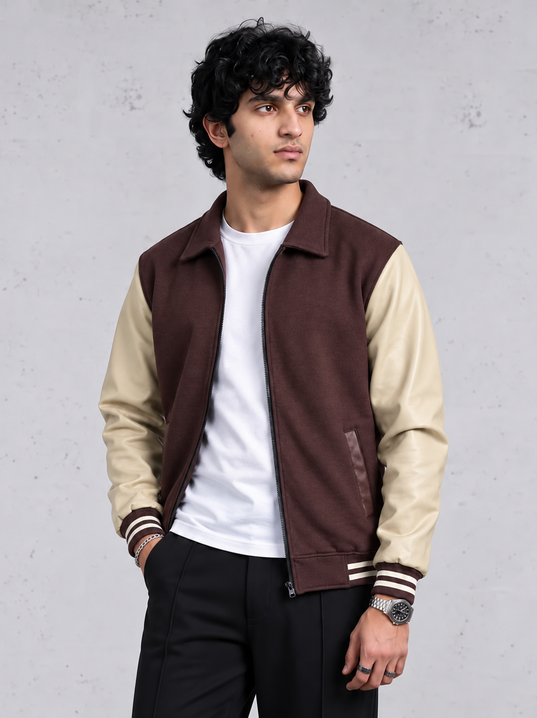 BEIGE FAUX LEATHER SLEEVES VARSITY JACKET