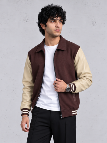 BEIGE FAUX LEATHER SLEEVES VARSITY JACKET