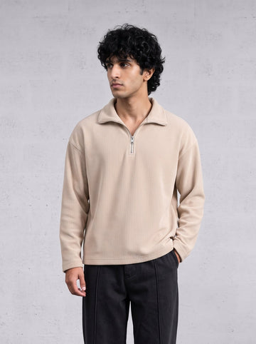 BEIGE RIBBED QUARTER-ZIP SWEATER