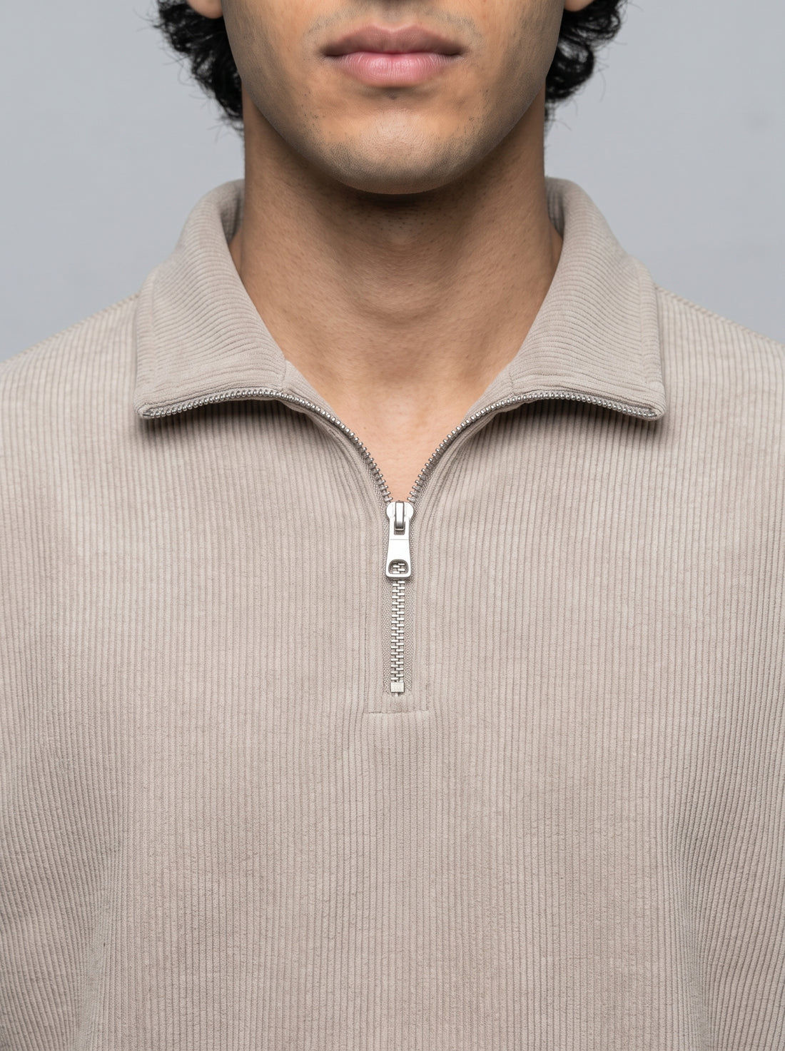 BEIGE RIBBED QUARTER-ZIP SWEATER