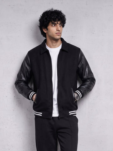 ESSENTIAL FAUX LEATHER SLEEVES ZIPPER JACKET