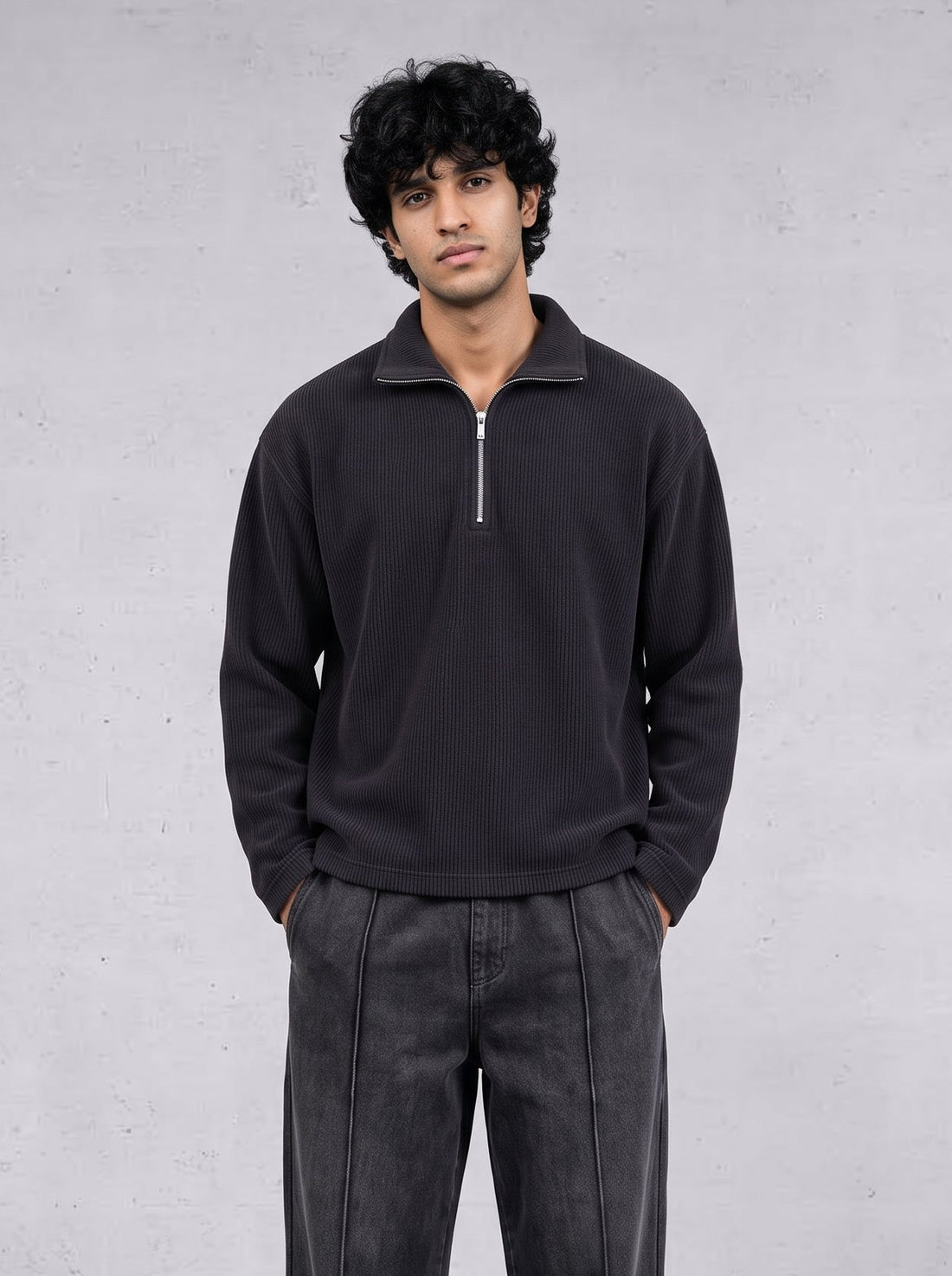 SHADOW RIBBED QUARTER-ZIP SWEATER