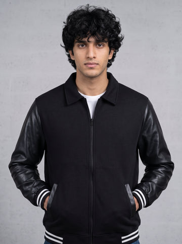 ESSENTIAL FAUX LEATHER SLEEVES ZIPPER JACKET