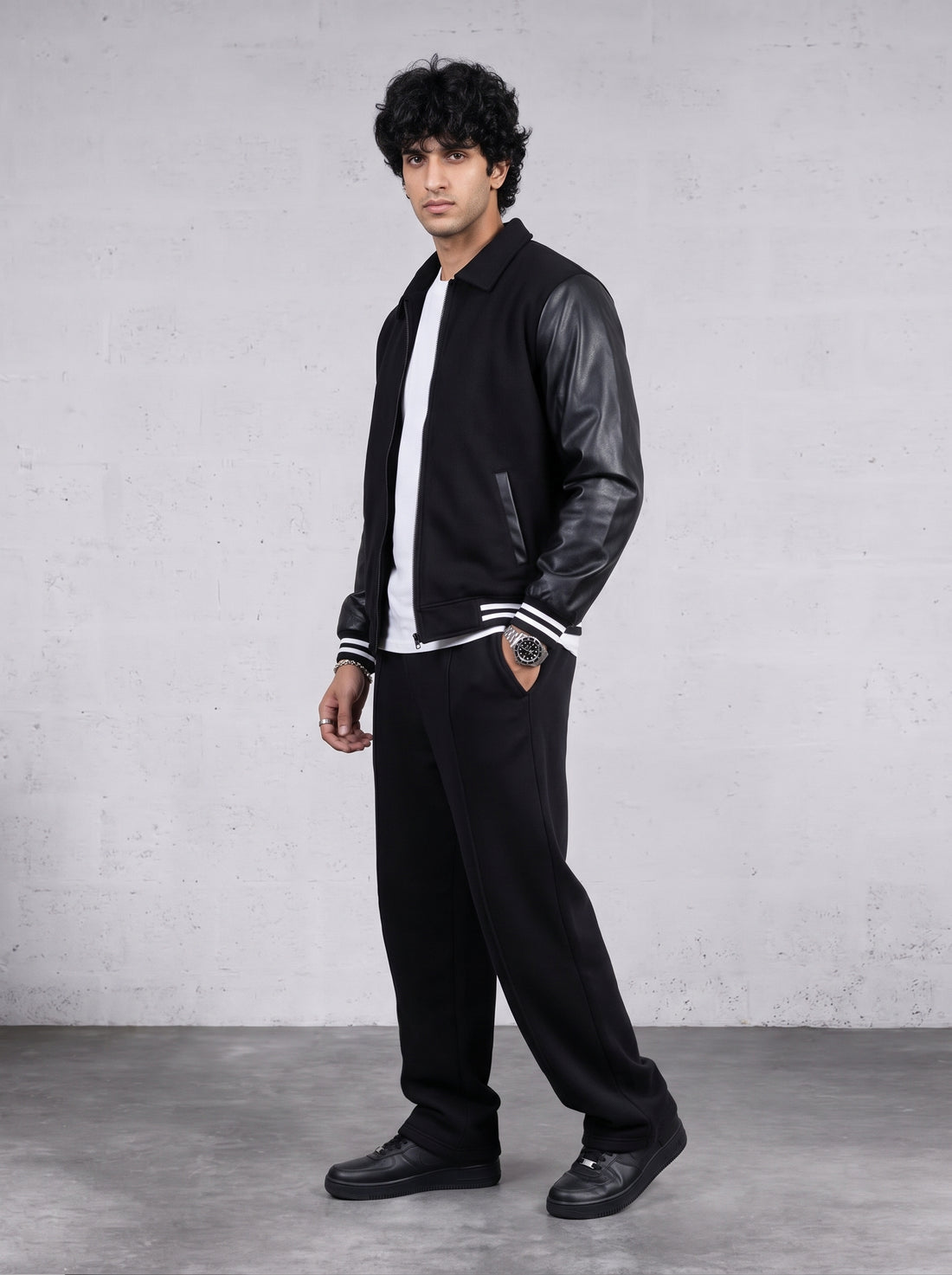 ESSENTIAL FAUX LEATHER SLEEVES ZIPPER JACKET