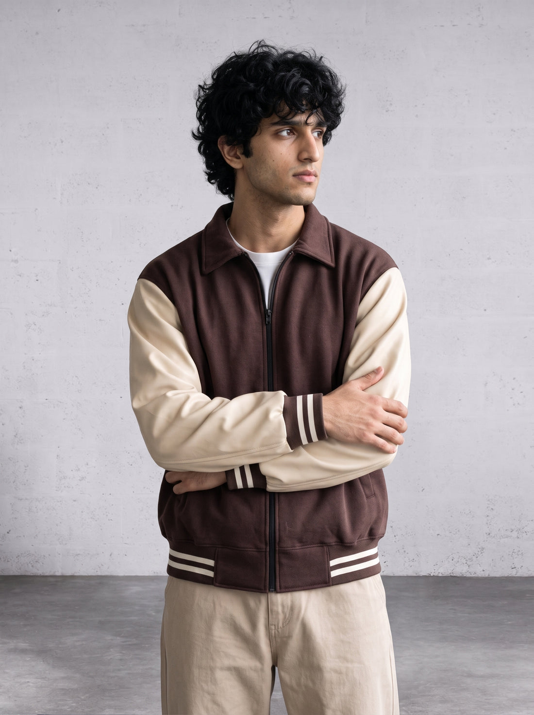 BEIGE FAUX LEATHER SLEEVES VARSITY JACKET