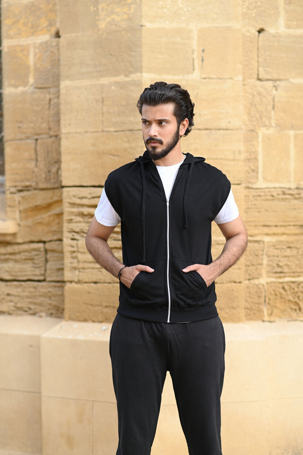 Black Sleeveless Zipper Hoodie - Men