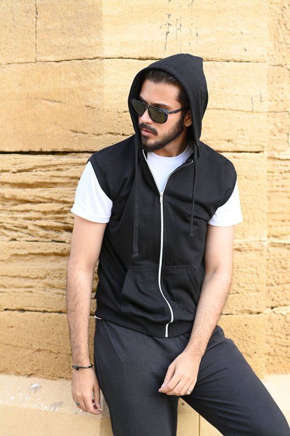 Black Sleeveless Zipper Hoodie - Men