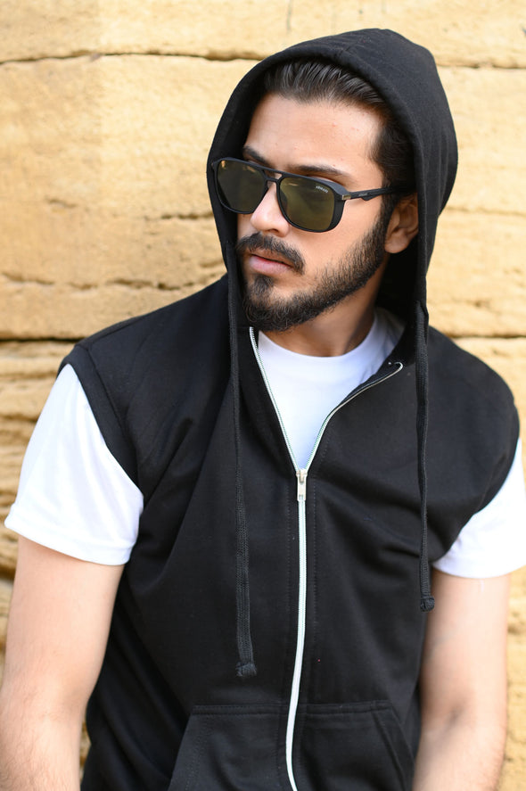 Black Sleeveless Zipper Hoodie - Men