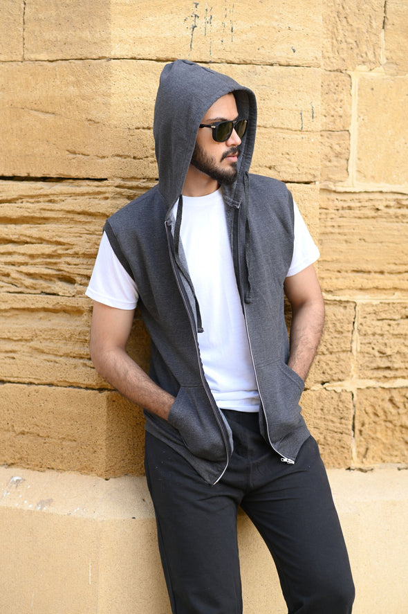 Charcoal Sleeveless Zipper Hoodie - Men