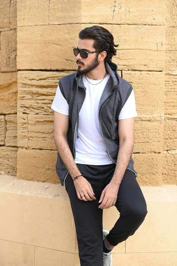Charcoal Sleeveless Zipper Hoodie - Men