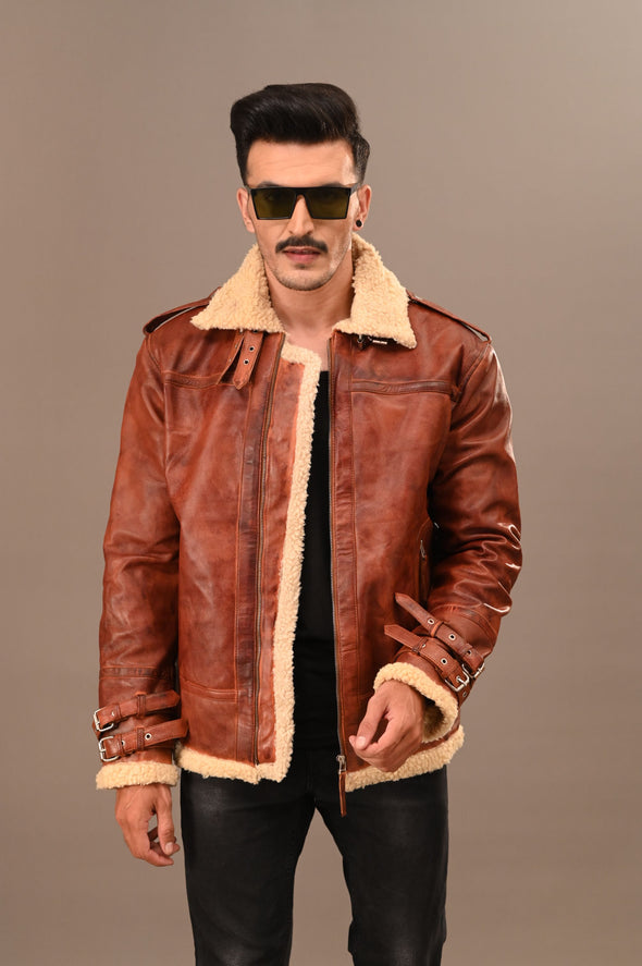 Fur Collar Brown Leather Jacket - Men