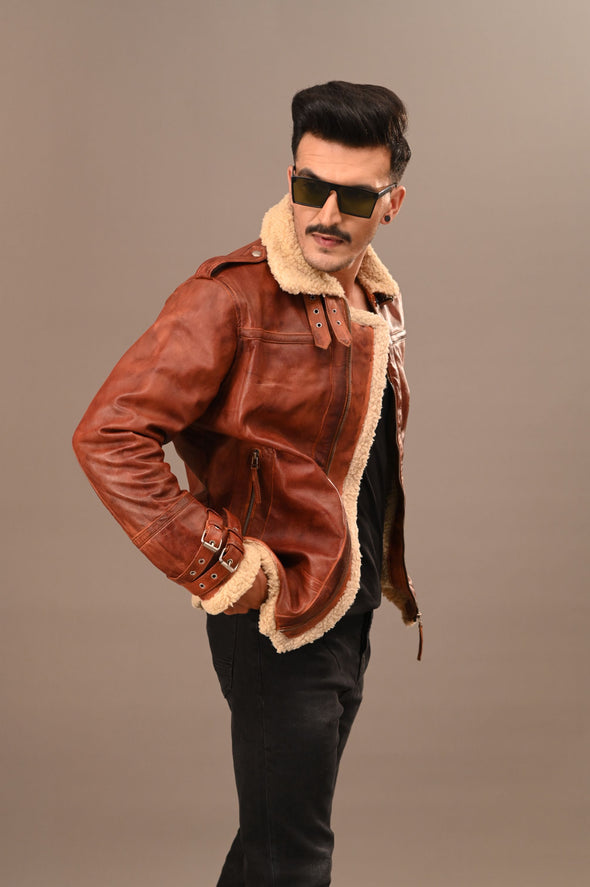 Fur Collar Brown Leather Jacket - Men
