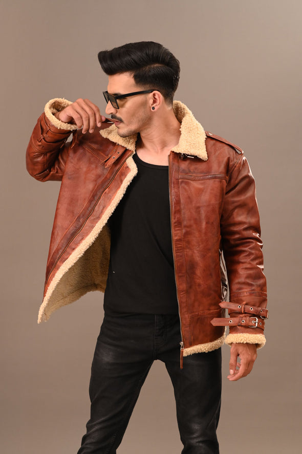 Fur Collar Brown Leather Jacket - Men