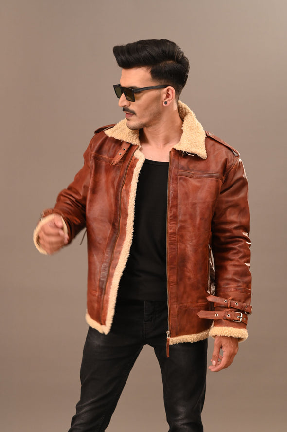Fur Collar Brown Leather Jacket - Men
