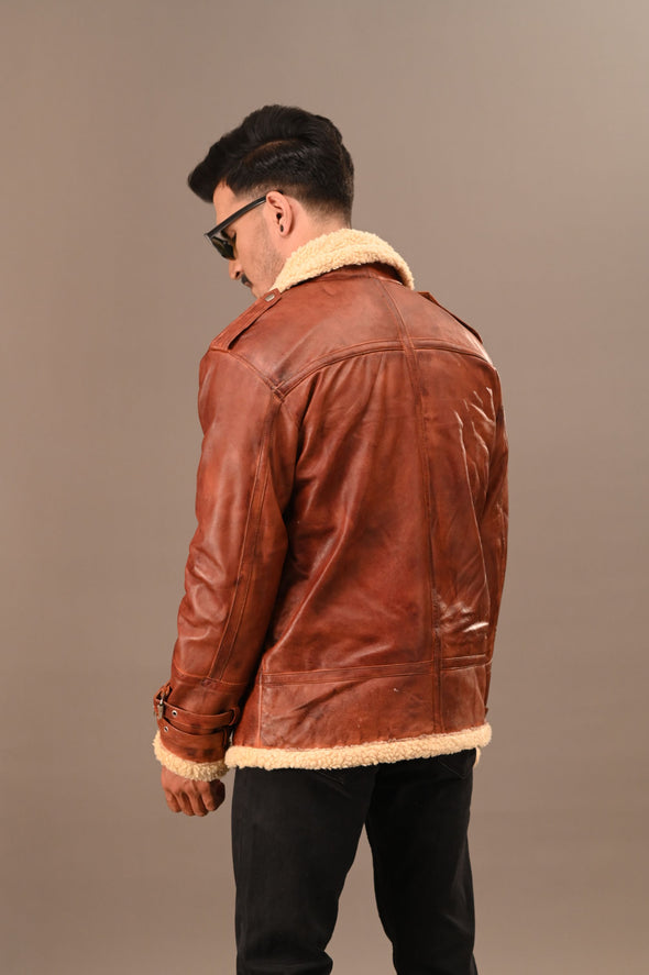 Fur Collar Brown Leather Jacket - Men