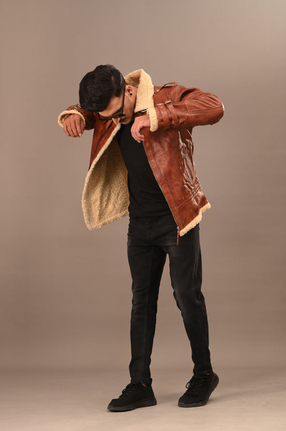 Fur Collar Brown Leather Jacket - Men