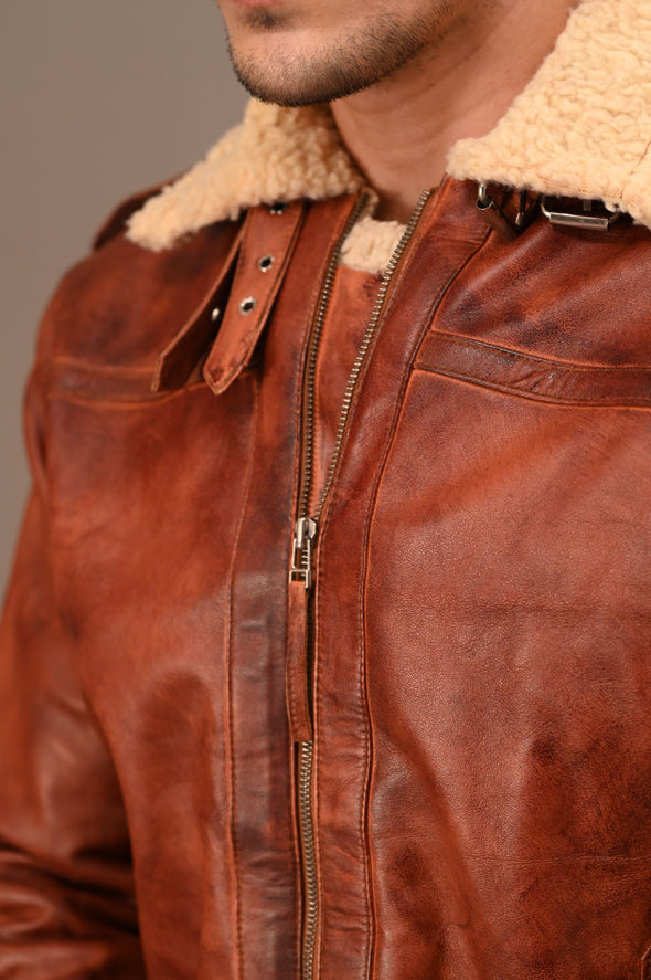 Fur Collar Brown Leather Jacket - Men