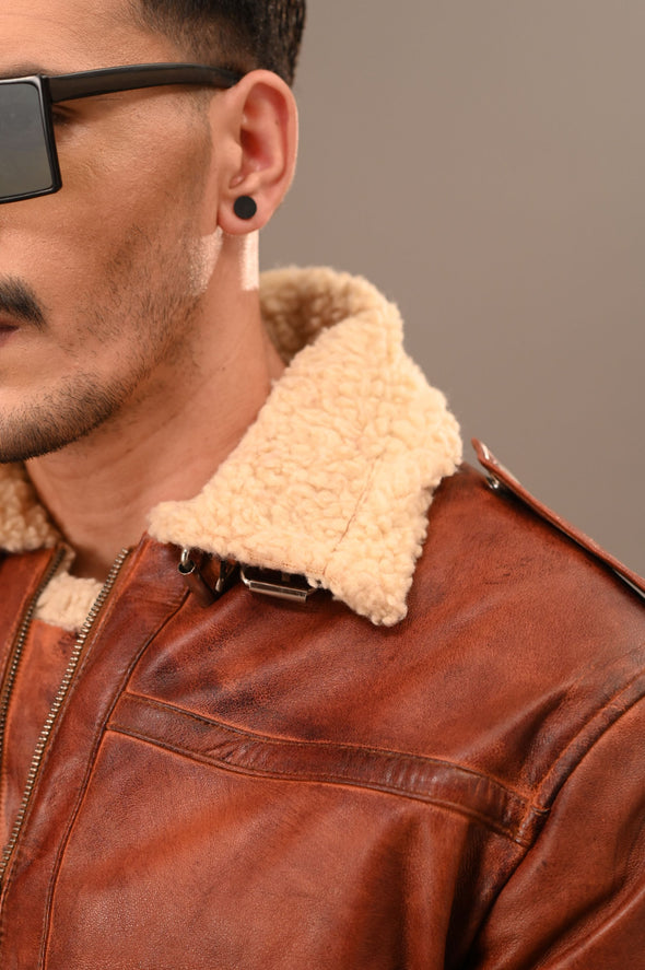 Fur Collar Brown Leather Jacket - Men