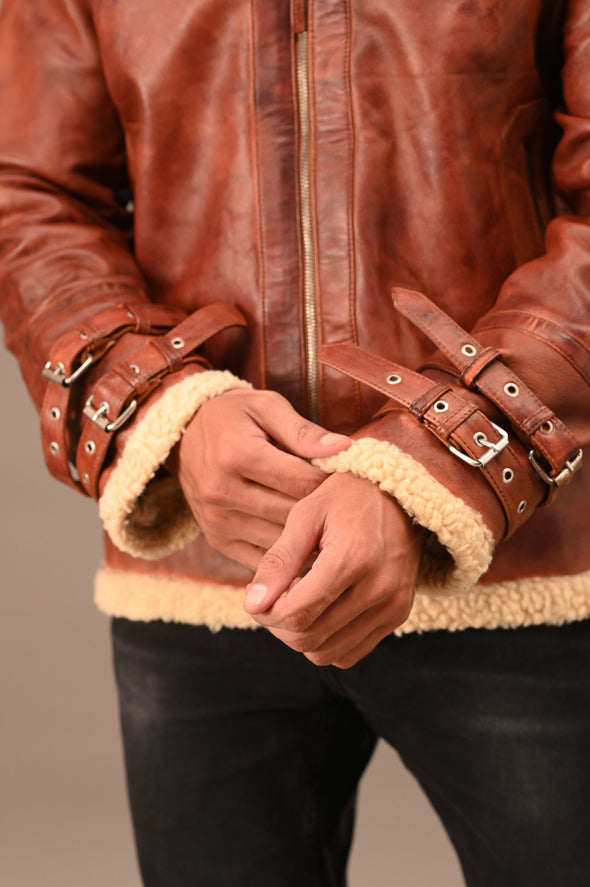 Fur Collar Brown Leather Jacket - Men