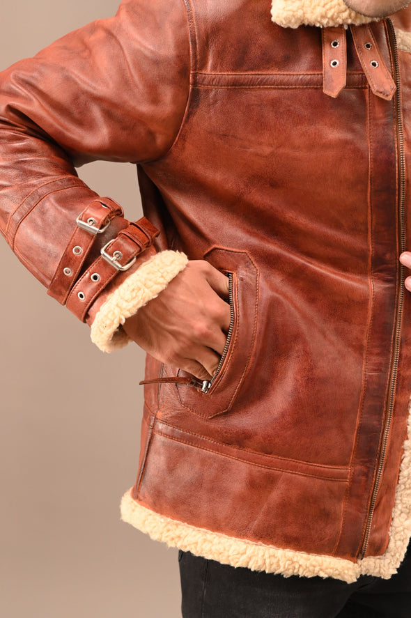 Fur Collar Brown Leather Jacket - Men