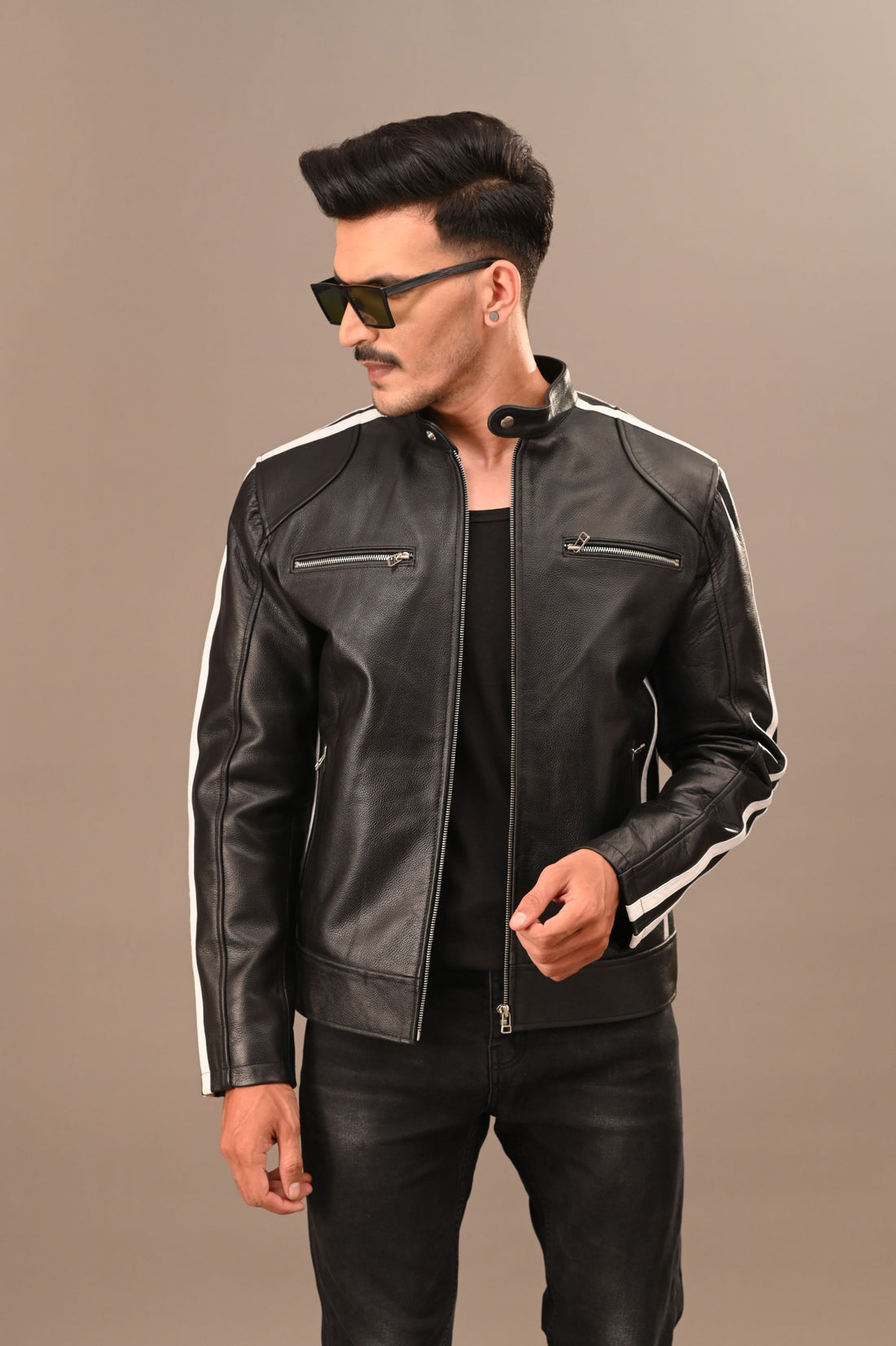 Black White Stripe Leather Jacket - Men