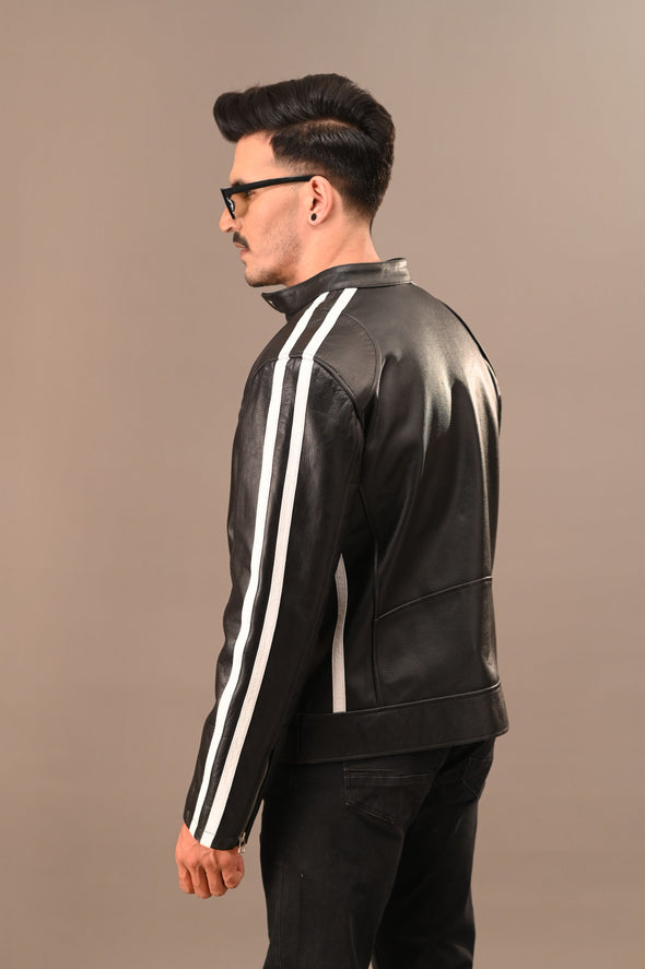 Black White Stripe Leather Jacket - Men