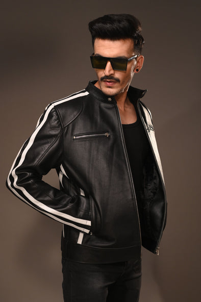 Black White Stripe Leather Jacket - Men
