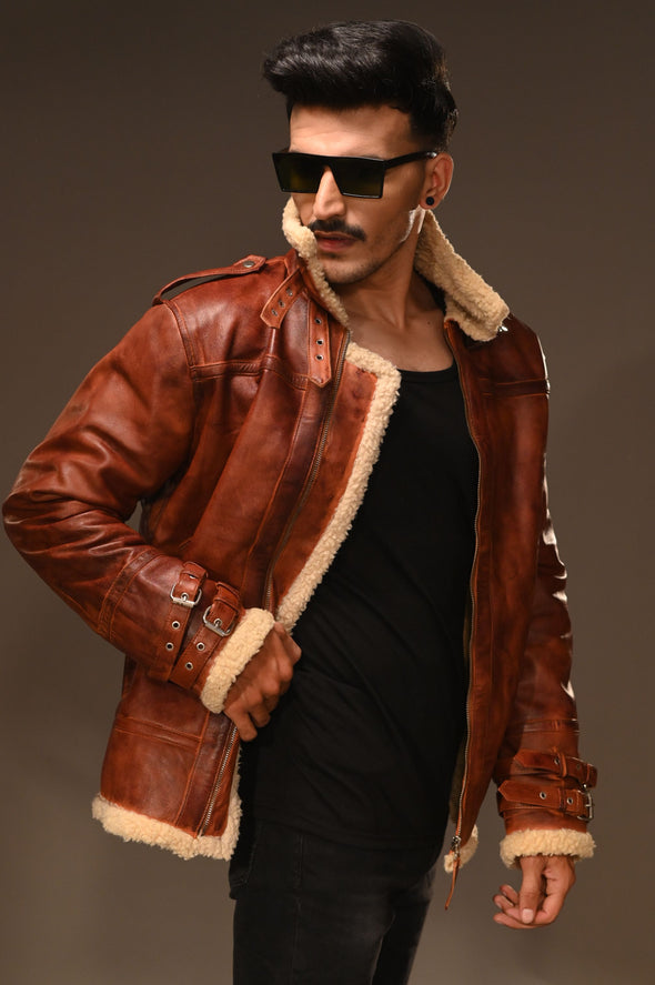 Fur Collar Brown Leather Jacket - Men