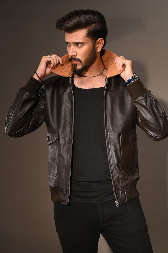 Fur Collar Black Leather Jacket - Men