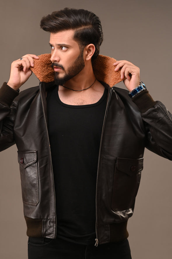 Fur Collar Black Leather Jacket - Men